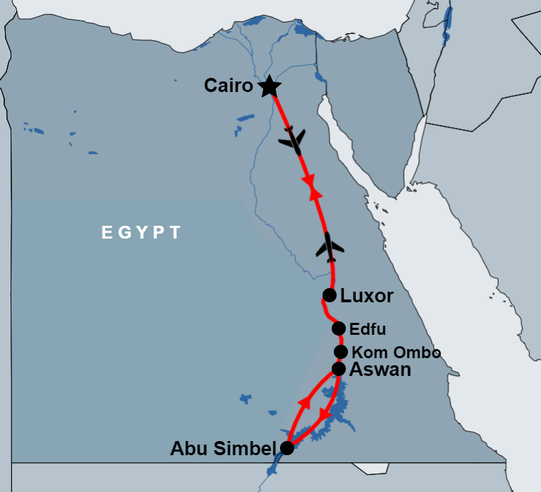 10 Day Round Trip Nile Cruise and Cairo Tours map 10 Day Round Trip Nile Cruise and Cairo Tours map
